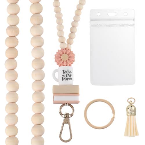 CREATCABIN Schlüsselband Mit Blumenperlen Schlüsselband Aus Holzperlen Beige Holz Boho Silikon Gänseblümchen Blumenmuster Kaffee Buch Lehrer Abreißbare Quastenverschlusskette Mit Ausweishalter 53.5cm von CREATCABIN
