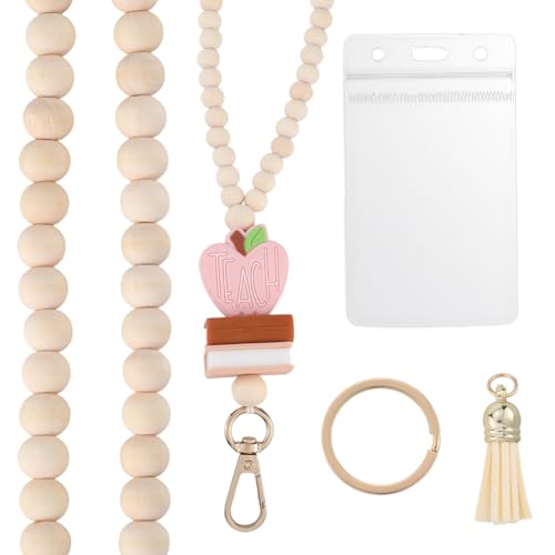 CREATCABIN Schlüsselband Perlen In Herzform Für Lehrer Schlüsselband Holzperlen Beige Naturholz Boho Silikon Buchäpfel Abreißbarer Schlüsselanhänger Quastenverschluss Kette Mit Ausweishalter 53.5cm von CREATCABIN