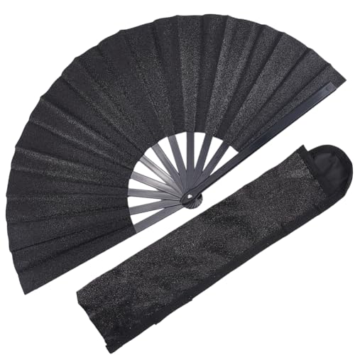 CREATCABIN Schwarzer Glitzer Faltfächer Line Dance Popping Fan Clack Fächer Mit Holster Für Tanzaufführungen Partys Hochzeitsdekor Rave Tragbarer Reise Handfächer Muttertagsgeschenke 343x57x31.5mm von CREATCABIN