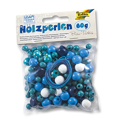 CREATIV DISCOUNT ® Holzperlen Mix mit Bändern, blau/türkis, 60 g von CREATIV DISCOUNT