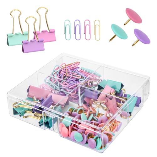 CREECHWA Niedliche Büroklammern, Binderklammern, Kombi-Set, 165 Stück, verschiedene Größen, Büroklammern für Büro, niedliches Bürobedarf-Set, Violett (Einhorn) von CREECHWA