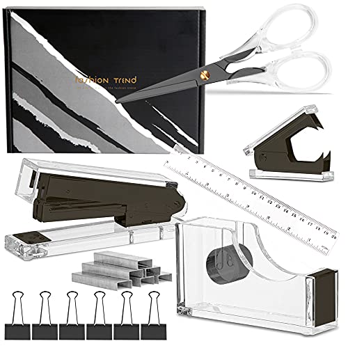 Schreibwaren-Set aus Acryl, Schwarz, 16 cm Schere, Klebebandspender, Klammerentferner, Hefter, 6 Binder-Clips und 1000 Heftklammern, Büroangestellte und Studenten, Schreibtischzubehör Schreibwaren-Set aus Acryl, Schwarz, 16 cm Schere, Klebebandspender, Klammerentferner, Hefter, 6 Binder-Clips und 1000 Heftklammern, Büroangestellte und Studenten, Schreibtischzubehör von CREECHWA