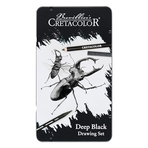 CRETACOLOR Deep Black, Drawing Set, Tiefschwarzes Zeichen- und Skizzierset, 10-teilig, Nicht giftig, hochpigmentiert, inkl. Radiergummi und Papierwischer, geeignet für Künstler und Anfänger von CRETACOLOR