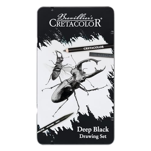 CRETACOLOR Deep Black, Drawing Set, Tiefschwarzes Zeichen- und Skizzierset, 10-teilig, Nicht giftig, hochpigmentiert, inkl. Radiergummi und Papierwischer, geeignet für Künstler und Anfänger von Cretacolor