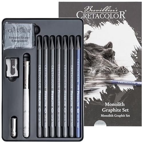 CRETACOLOR Monolith Graphit Set – Künstlerstifte aus Vollmine mit Zubehör – Zeichen-Set mit wasservermalbarem Graphit, Knetgummi, Spitzer & Halter – für Zeichner & Kreative von CRETACOLOR