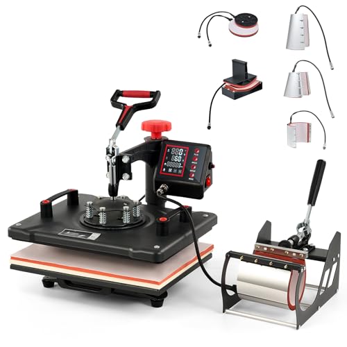 CREWORKS Transferpresse Rot 38x30cm Heißpressmaschine 8-IN-1 Wärmepressmaschine Hitzepresse 360 Grad Schwenkbar Tassenpresse und Kappenpresse, Tassen-, Hut-, Kappen- und T-Shirt-Druckmaschine von CREWORKS