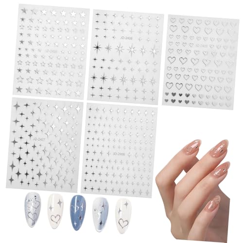 CRILSTYLEO 5 Blätter Nagelsticker Selbstklebend Silber Sterne Herz Maniküre Nail Art Dekoration Für Damen DIY Fingernägel French Design CRILSTYLEO 5 Blätter Nagelsticker Selbstklebend Silber Sterne Herz Maniküre Nail Art Dekoration Für Damen DIY Fingernägel French Design von CRILSTYLEO