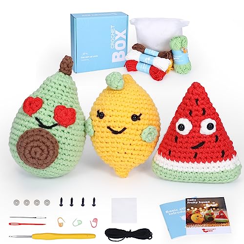 Häkelset für Anfänger: 3-teiliges Obst-Starter-Häkelset mit Schritt-für-Schritt-Video-Tutorials und Garnen, Haken, Zubehör, Bastelgeschenk für Erwachsene und Kinder (30 % + Garn) von CrochetBox