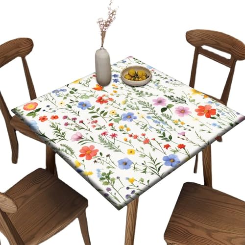 CRXTNSVR Quadratische Tischdecke mit Frühlingsblumen, wasserdicht, passend für Picknicks im Freien, buntes Wildblumenmuster, abwischbar, elastische Stoff-Tischdecke, passend für Tische bis zu 91,4 cm von CRXTNSVR