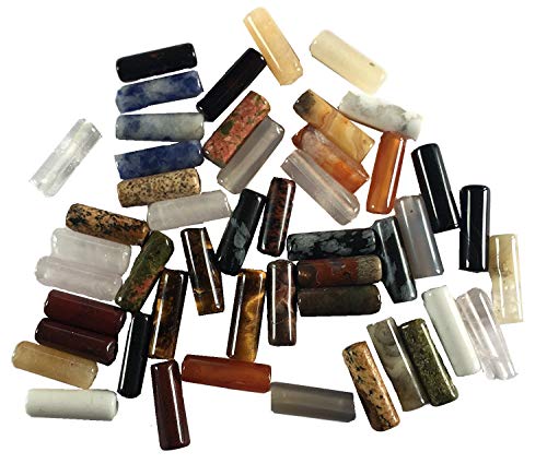 CRYSTAL KING 48 Stück längliche Halbedelstein Perlen Mix 12mm Lange Zylinder Heilsteine Schmucksteine Rosenquarz Obsidian Achat usw von CRYSTAL KING