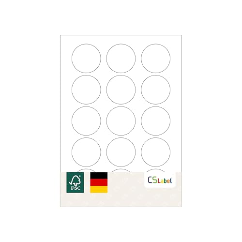 MADE IN GERMANY 375 Etiketten selbstklebend 50 mm rund weiß permanent klebend auf Bogen A4 (25 Bögen x 15 Etik.) CS Label – Universaletiketten zum Beschriften und Bedrucken. von CS Webkontor