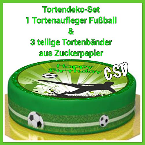 Tortendeko-Set: 1 Tortenaufleger Fußball und 3 Teilige Tortenbänder aus Zuckerpapier, Geburtstag von CSD