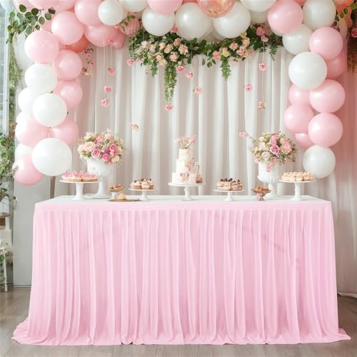 4/6/9/14 Fuß optional rechteckiger Tischrock aus Terylen, Tischdecke, einfarbig, gestreift, für Hochzeit, Party, Esszimmer, Feiertagsparty, Hellrosa, 14 Fuß (4,27 m x 77 cm) von CSHWXY