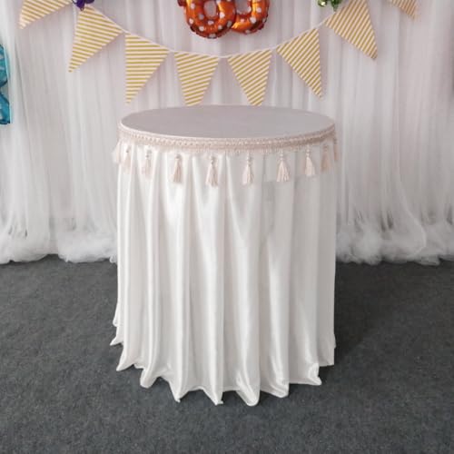 Runder Tischrock mit Quastenperlen, Eisseiden-Tischdecke für Hochzeitsfeiern, Babypartys, Geburtstagstorten, Tischrock, Weiß, D70xH75CM Runder Tischrock mit Quastenperlen, Eisseiden-Tischdecke für Hochzeitsfeiern, Babypartys, Geburtstagstorten, Tischrock, Weiß, D70xH75CM von CSHWXY