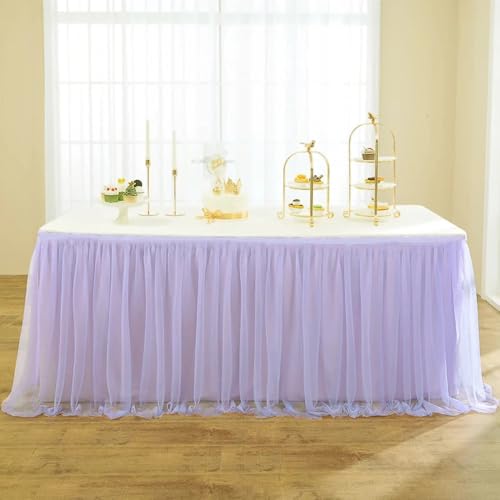 Weißer Tüll-Tischrock, rechteckig, runde Tische, Rüschen, halbtransparente Tischdecken für Hochzeiten, Brautpartys, Geburtstagsfeiern, Dekoration, Hellviolett, 9 Fuß (L 2,75 m, H 0,75 m) von CSHWXY