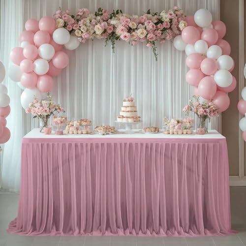 Weißer Tüll-Tischrock, rechteckig, runde Tische, Rüschen, halbtransparente Tischdecken für Hochzeiten, Brautpartys, Geburtstagsfeiern, Dekoration, Lederrosa, 6 Fuß (L 1,83 m, H 0,75 m) von CSHWXY