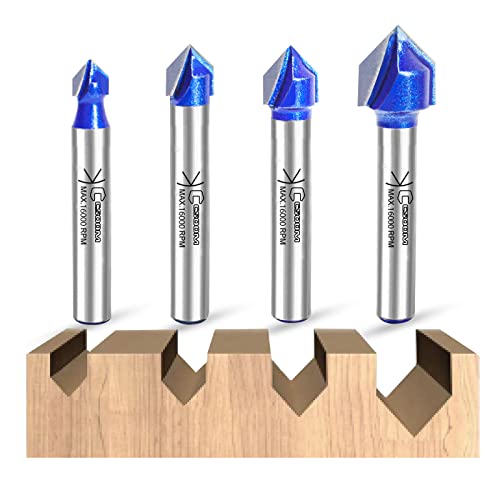 90-Grad-V-Nut-Fräser-Bits, 4 Stück, 1/4-Zoll-Schaft, C3-Karbid. Verwendung für Holzbearbeitung, flache runde Bodenrillen in verschiedenen Tiefen, Laminat, Spanplatten usw. CSOOM 90-Grad-V-Nut-Fräser-Bits, 4 Stück, 1/4-Zoll-Schaft, C3-Karbid. Verwendung für Holzbearbeitung, flache runde Bodenrillen in verschiedenen Tiefen, Laminat, Spanplatten usw. CSOOM von CSOOM