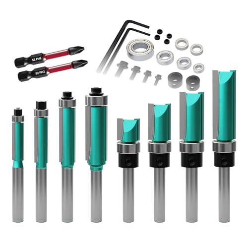 CSOOM 10 Stück Bündigfräser mit 2 Schlagmagnetbits, 6 Lager, 2 Schraubenschlüssel, 8mm Schaft Bündigfräser-Set，Hartmetallfräser, Werkzeuge für die Holzbearbeitung (grün) von CSOOM