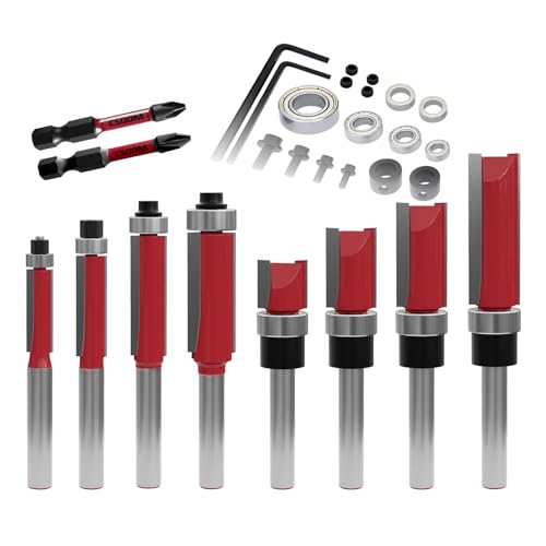 CSOOM 10 Stück Bündigfräser mit 2 Schlagmagnetbits, 6 Lager, 2 Schraubenschlüssel, 8mm Schaft Bündigfräser-Set，Hartmetallfräser, Werkzeuge für die Holzbearbeitung von CSOOM