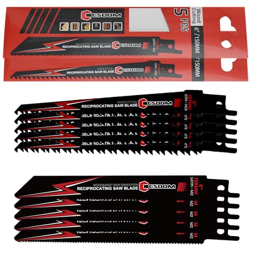 CSOOM 10tlg Säbelsägeblätter Set, 150mm Länge – 5x 5TPI & 5x 14TPI, für Holz, Metall und Renovierungsarbeiten von CSOOM