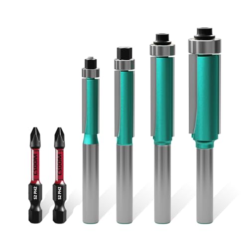 CSOOM 4 Stück Bündigfräser-Bits 1/4 Schaft, oberes Lager, bündiges Trimmfräser-Set, Schnittlänge: 3/4 Zoll, 1-1/64 Zoll, 1-3/16 Zoll, 1-3/16 Zoll CSOOM 4 Stück Bündigfräser-Bits 1/4 Schaft, oberes Lager, bündiges Trimmfräser-Set, Schnittlänge: 3/4 Zoll, 1-1/64 Zoll, 1-3/16 Zoll, 1-3/16 Zoll von CSOOM