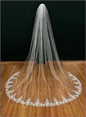 CSSQCSSUANB Hochzeitszubehör Schleier, Spitzen-Hochzeitsschlei Weißer, elfenbeinfarbener Brautschleier, 3 m, mit Kammspitze, Kathedralschleierband (Farbe: Beige, Größe: 300 cm)(Beige) von CSSQCSSUANB