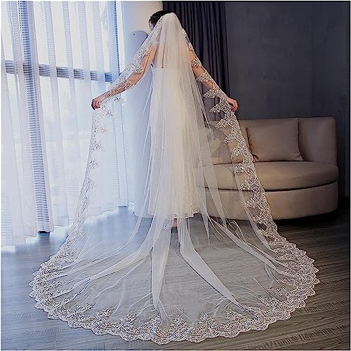 Hochzeitsaccessoires, Spitzen-Hochzeitsschleier, weißer Braut-Spitzenschleier, eleganter Hochzeitsschleier, großer Schwanz, verlängert, breiter Brautschleier mit Kamm, Kathedrale Hochzeit (Farbe von CSSQCSSUANB