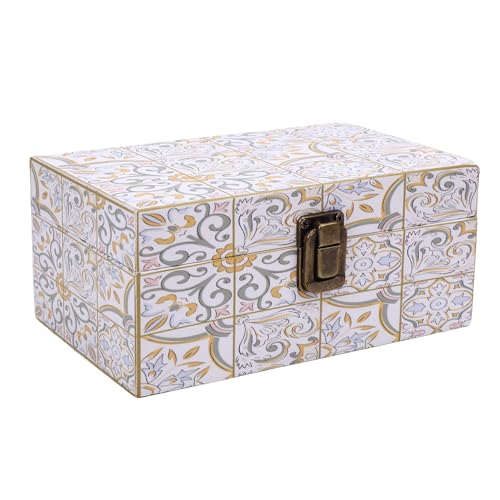 CSXMONEY Handgefertigte Schmuckschatulle aus Holz, mit Leder umwickelte Holzbox, mit Mini-Metallschloss, zur Aufbewahrung von Halsketten, Ohrringen und Andenken von CSXMONEY