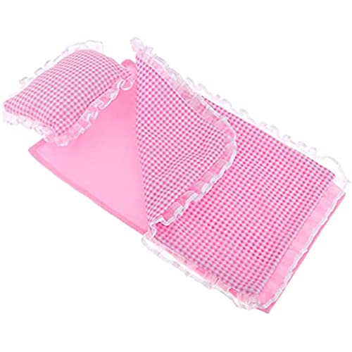 Puppen-Bettwäsche-Set, Steppdecke und Kissen, handgefertigtes rosa kariertes Rüschen-Bettwäsche-Set für Puppenhaus von CSXMONEY