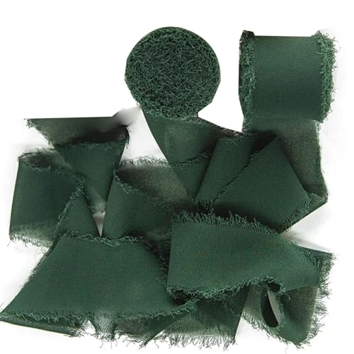 Seidiges Chiffonband, 4,9 cm x 5,5 m, handgefertigte Fransen, für Brautsträuße, Geschenkverpackungen, Urlaubsdekoration, Dunkelgrün, 2 Rollen von CSXMONEY