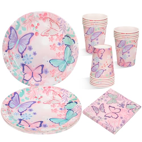 CSYY 52 Stück Schmetterling Partygeschirr Set, 16 Gäste Geburtstag Deko Schmetterling Pappteller Kindergeburtstag Tassen Servietten Tischdecke für Party Kindergeburtstag Deko von CSYY