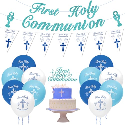 Dekoration für die Heilige Kommunion für Jungen, blaue Erstkommunions-Dekorationen, Konfirmationsdekorationen, Banner Wimpelkette, Kommunion-Luftballons, Kuchenaufsatz für Jungen, Kommunion, Dekoration für die Heilige Kommunion für Jungen, blaue Erstkommunions-Dekorationen, Konfirmationsdekorationen, Banner Wimpelkette, Kommunion-Luftballons, Kuchenaufsatz für Jungen, Kommunion, von CSYY