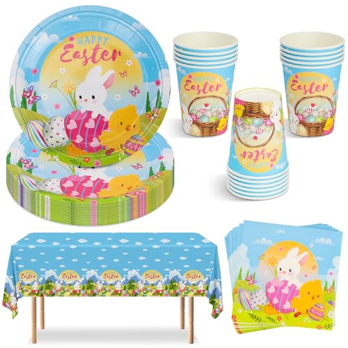 Oster-Party-Geschirr-Set für 16 Personen, 53-teiliges Osterdekoration-Papiergeschirr-Set, Oster-Party-Geschirr, Dekor mit Oster-Tischdecke, Partyteller, Servietten, Becher, Partyzubehör Oster-Party-Geschirr-Set für 16 Personen, 53-teiliges Osterdekoration-Papiergeschirr-Set, Oster-Party-Geschirr, Dekor mit Oster-Tischdecke, Partyteller, Servietten, Becher, Partyzubehör von CSYY