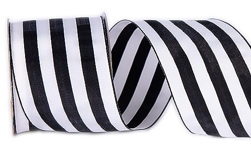 CSZD RIBBON Geschenkband mit Draht, 6,3 cm breit, 9,1 m, schwarz-weiß gestreift, für Geschenkverpackungen, Basteln, Weihnachtsbaumdekoration, Kränze, Schleifen, Bauernhaus (schwarz) von CSZD RIBBON