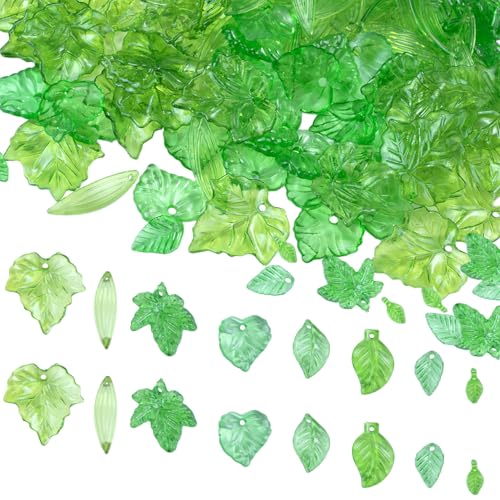 CTEAKOP 200 Stück grüne Blattperlen zur Schmuckherstellung, Acryl-grüne Blattanhänger, Blatt-Perlenkappen für Schmuckherstellung, DIY-Ohrringe, Halsketten, Bastelarbeiten (8 Stile) von CTEAKOP