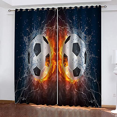 CTQTZ Blitz Fußball Kinder Blickdichte Vorhänge Wasser und Feuer Fußball Verdunkelungsvorhänge Mit Ösen 140x160 cm (BreitexHöhe) 2er Set Gardinen für Dekoration Kinderzimmer von CTQTZ