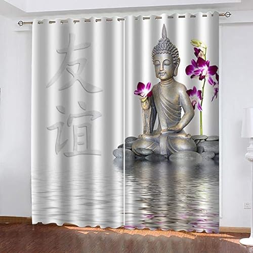 CTQTZ Buddhismus Verdunkelungsvorhang Blickdicht Buddha-Figur Blickdichter Vorhänge Mit Ösen 200x214 cm (BreitexHöhe) 2er Set Gardinen für Dekoration Kinderzimmer von CTQTZ