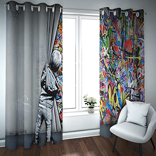 CTQTZ Graffiti Kinderzimmer Gardinen mit Ösen Farbe Kleiner Junge Vorhänge Blickdicht 280x175 cm (BreitexHöhe) 2er Set Gardinen für Dekoration Kinderzimmer von CTQTZ