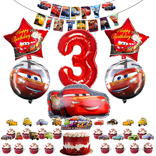 CTRIS Cars Geburtstagsdeko 3 Jahre,Riesenzahl Rot 3 Folienballon Luftballon+5 Auto Folienballons+Auto Happy Birthday Banner+13 Cars Tortendeko,Auto Geburtstagsdekorationen, CTRIS-00001 von CTRIS
