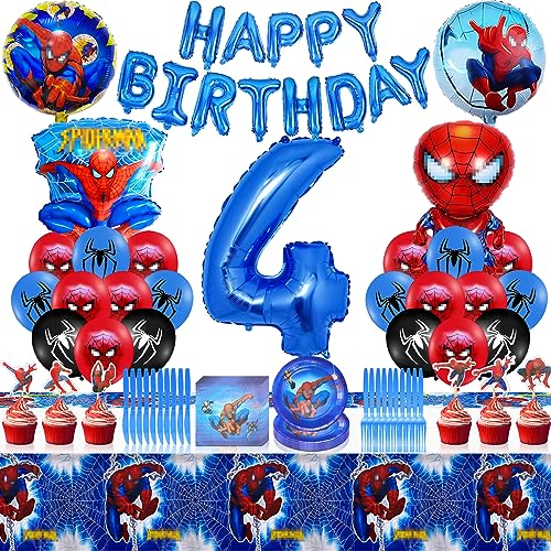 Geburtstag Geschirr Kit,96 Stück,Luftballon 4. Geburtstag Junge,Thema Cartoon Party Set,Kindergeburtstag Tischdeko,Happy Birthday Banner,Luftballon Dekoration zum Kindergeburtstag von CTRIS
