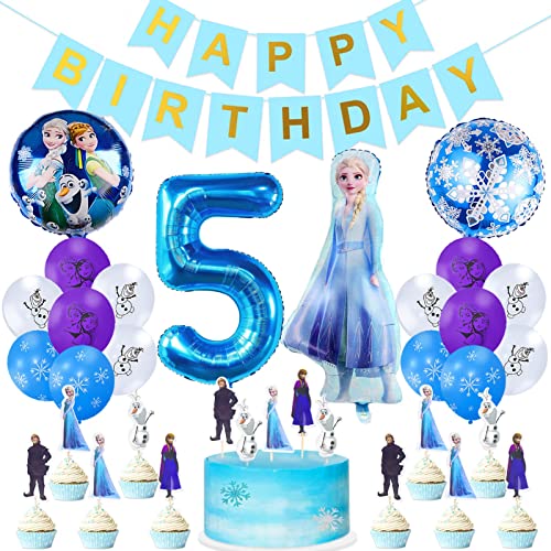 Gefrorene Geburtstagsparty Deko,Happy Birthday Banner,Luftballon 5. Geburtstag,3 Eisprinzessin Schneeflocke Folienballon,15 Latex-Ballons und 24 Kuchen Topper,Gefrorene Prinzessin Dekoration von CTRIS
