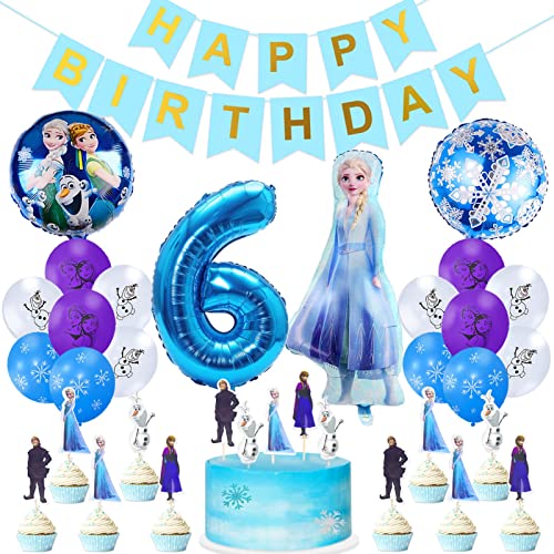 Gefrorene Geburtstagsparty Deko,Happy Birthday Banner,Luftballon 6. Geburtstag,3 Eisprinzessin Schneeflocke Folienballon,15 Latex-Ballons und 24 Kuchen Topper,Gefrorene Prinzessin Dekoration von CTRIS