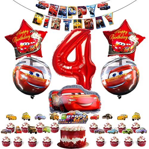 CTRIS Cars Geburtstagsdeko 4 Jahre,Riesenzahl Rot 4 Folienballon Luftballon+5 Auto Folienballons+Auto Happy Birthday Banner+13 Cars Tortendeko,Auto Geburtstagsdekorationen, CTRIS-00001 von CTRIS