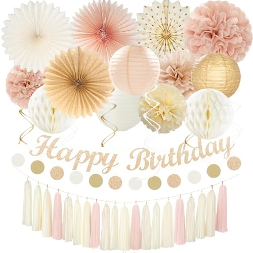 Champagner Gold Beige Geburtstag Dekorationen mit Happy Birthday Banner Papierfächer Seidenpapier Pompoms Papier Quaste Hängende Wirbel Kreis Punkt Girlande Neutral Party Dekor (Champagner Gold) von CUAROPO
