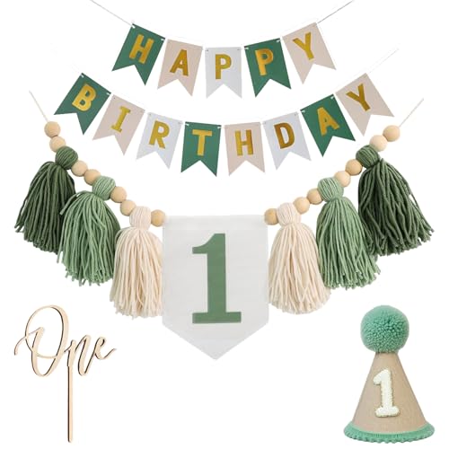 Grünes Boho-Hochstuhl-Banner zum 1. Geburtstag, Dekorationen für Babyparty, handgefertigte Quasten-Girlande, konische Kappe, glitzernd, Kuchendekoration, Wandbehang, dekorativ (grün) von CUAROPO