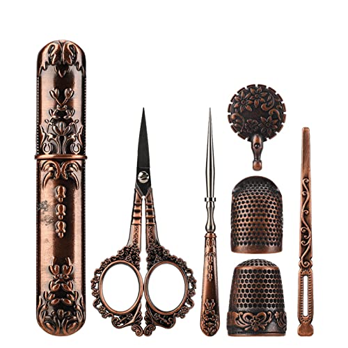 CUEI Stickscheren-Kit, Vintage-Nähscheren-Set aus Edelstahl im europäischen Stil, Antikes Vintage-Nähset mit Nähnadeletui & Fingerhut zum Basteln, Nähen, Handarbeiten, Basteln(Bronze) von CUEI