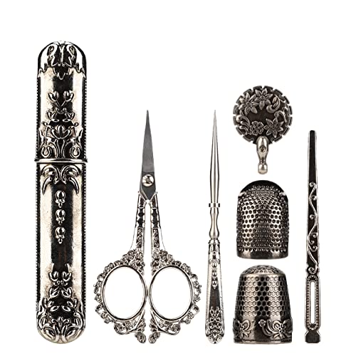 CUEI Stickscheren-Kit, Vintage-Nähscheren-Set aus Edelstahl im europäischen Stil, Antikes Vintage-Nähset mit Nähnadeletui & Fingerhut zum Basteln, Nähen, Handarbeiten, Basteln(Silber) von CUEI