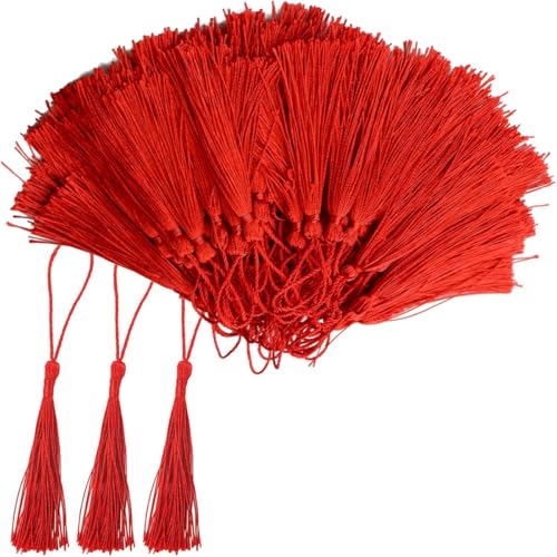 CUEMOON 100 Stück Quasten Lesezeichen Quasten, 13 cm kleine Stoffe für die Schmuckherstellung aus Harz mit Perlen, Mini-Schlüssel, Lesezeichen, Musikinstrumente, Einladungskarten, Rot von CUEMOON