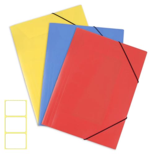 CUEMOON 3 Stück Dokumentenmappe A4, Eckspannermappe Elastische Bandbefestigung, Ordnungsmappe für Schule, Büro (Gelb + Blau + Rot) von CUEMOON