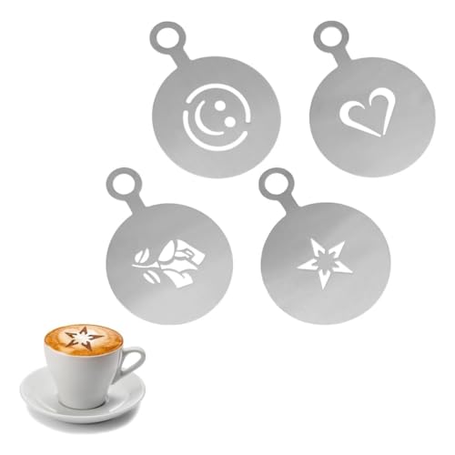 CUEMOON 4 Pcs Kaffee-Dekorationsschablone Cappuccino schablonen Kaffee schablonen Kaffee Latte Art Schablonen tortenschablone, Sterne, Herzen, Lächeln, Rosen von CUEMOON